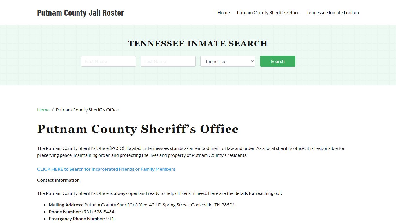 Putnam County Sheriff Office, TN, Arrest Warrants Search